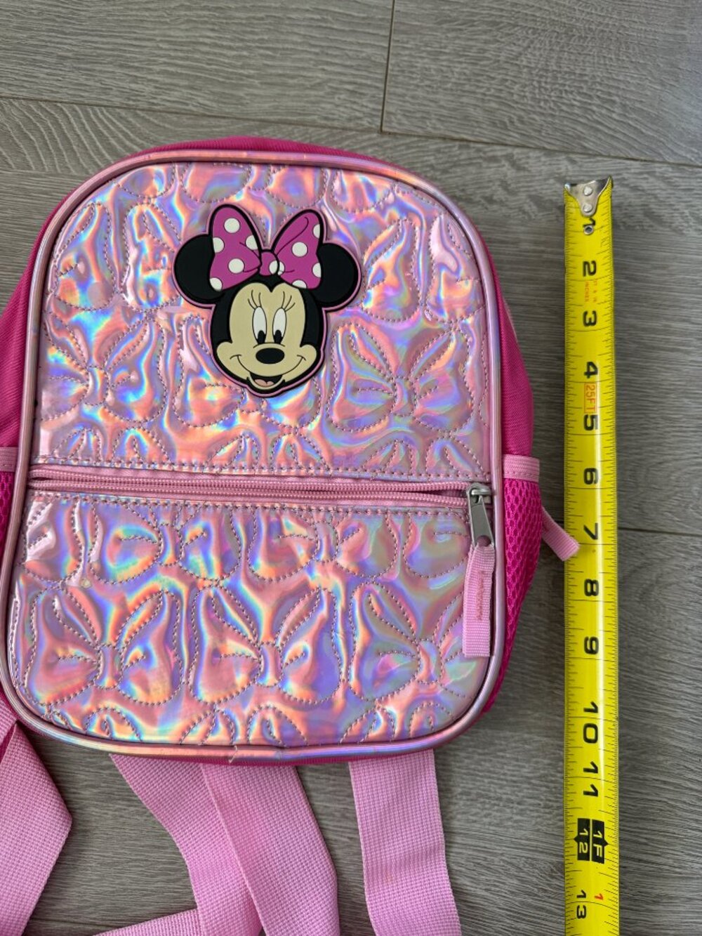 Disney Minnie Mouse Pink Holographic Quilted Bow Mini Backpack - Picture 8 of 9